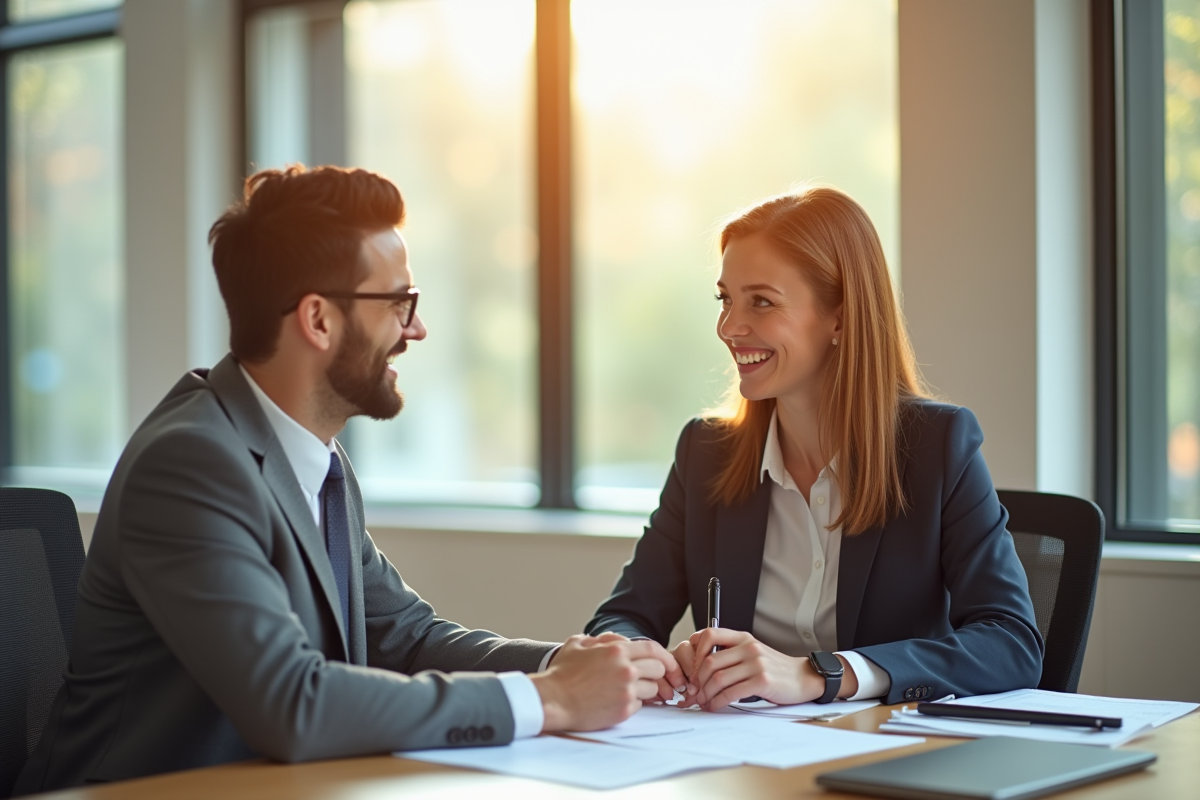 Agent d'assurance souriant avec un client dans un bureau lumineux