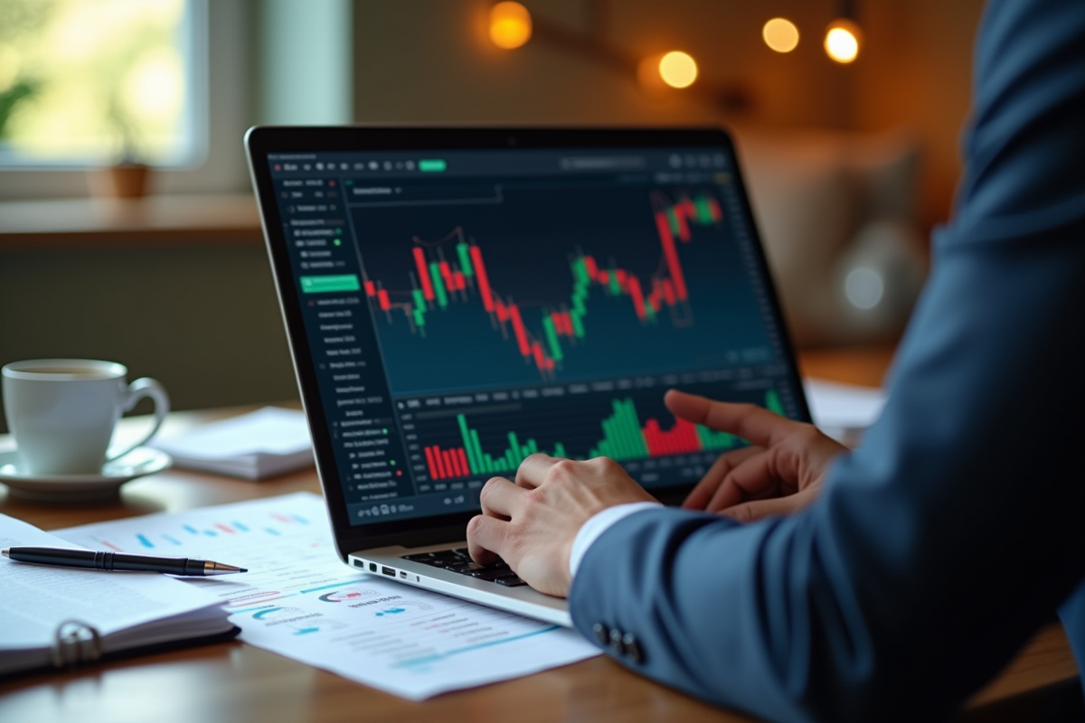 Personne analysant des données boursières dans un bureau cosy