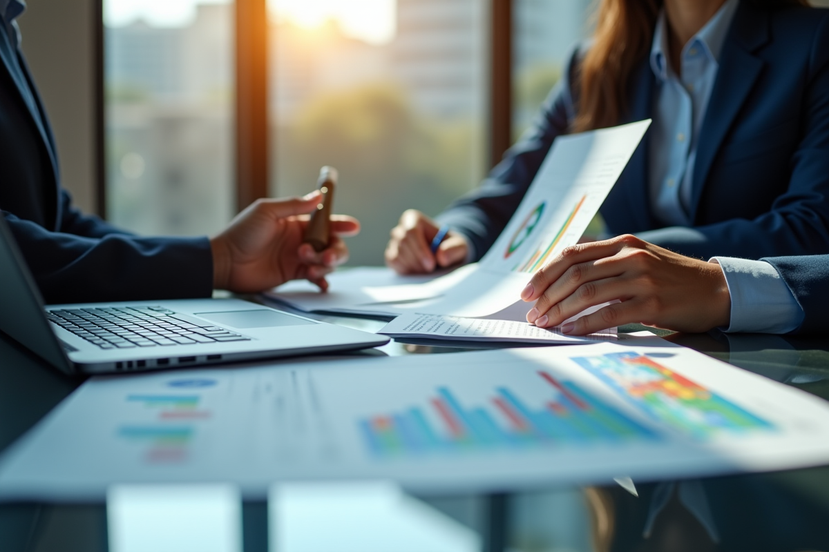 Analyste financier au bureau avec graphiques EBITDA colorés
