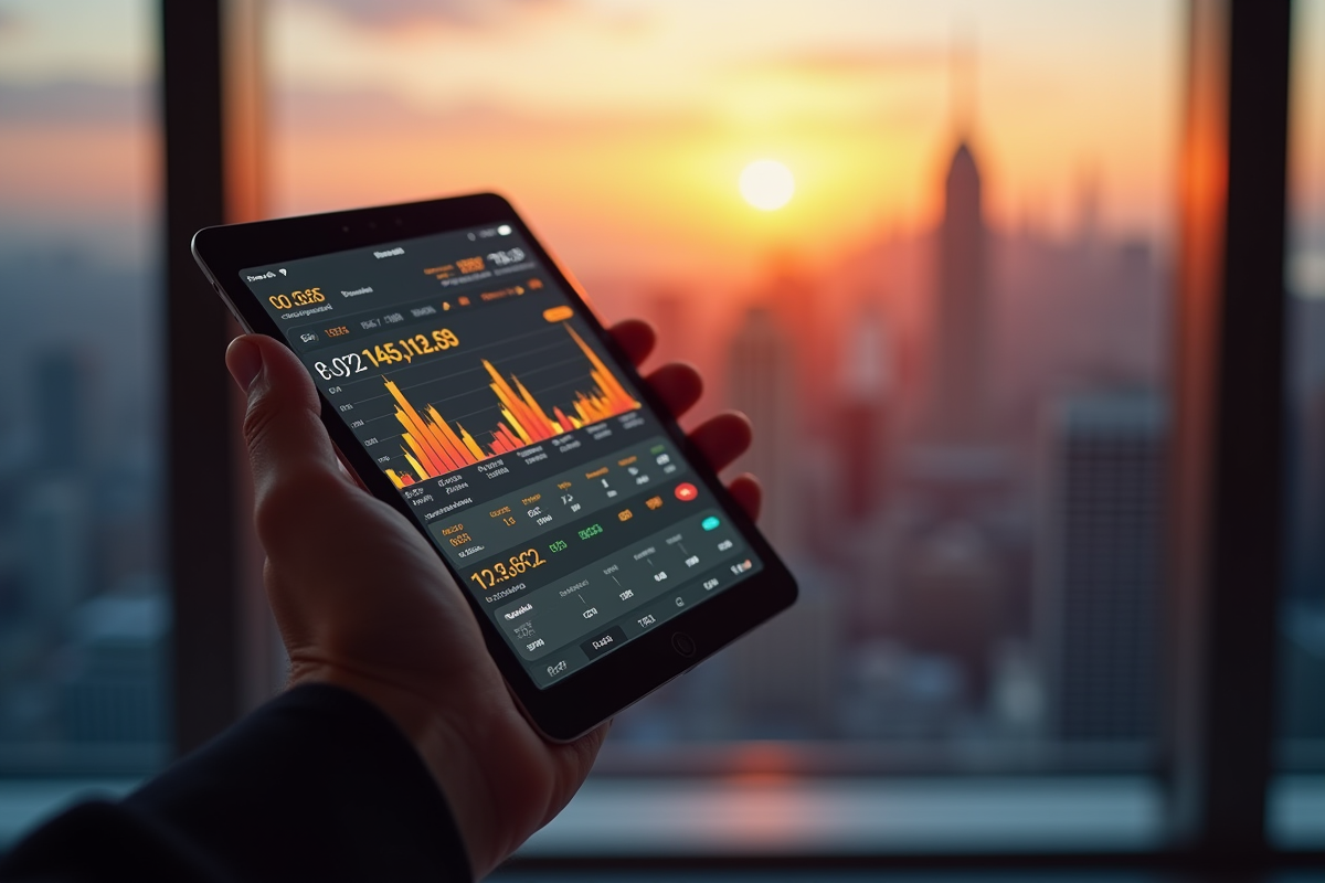 Main d’un analyste montrant des prévisions Bitcoin futuristes