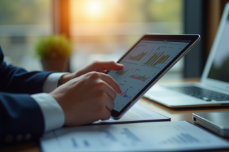 Professionnel adulte analysant des graphiques financiers sur une tablette