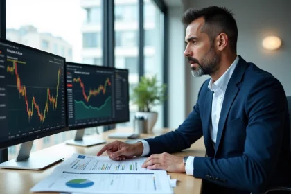Analyste financier étudiant les courbes du taux CMS 10 ans dans un bureau corporatif parisien
