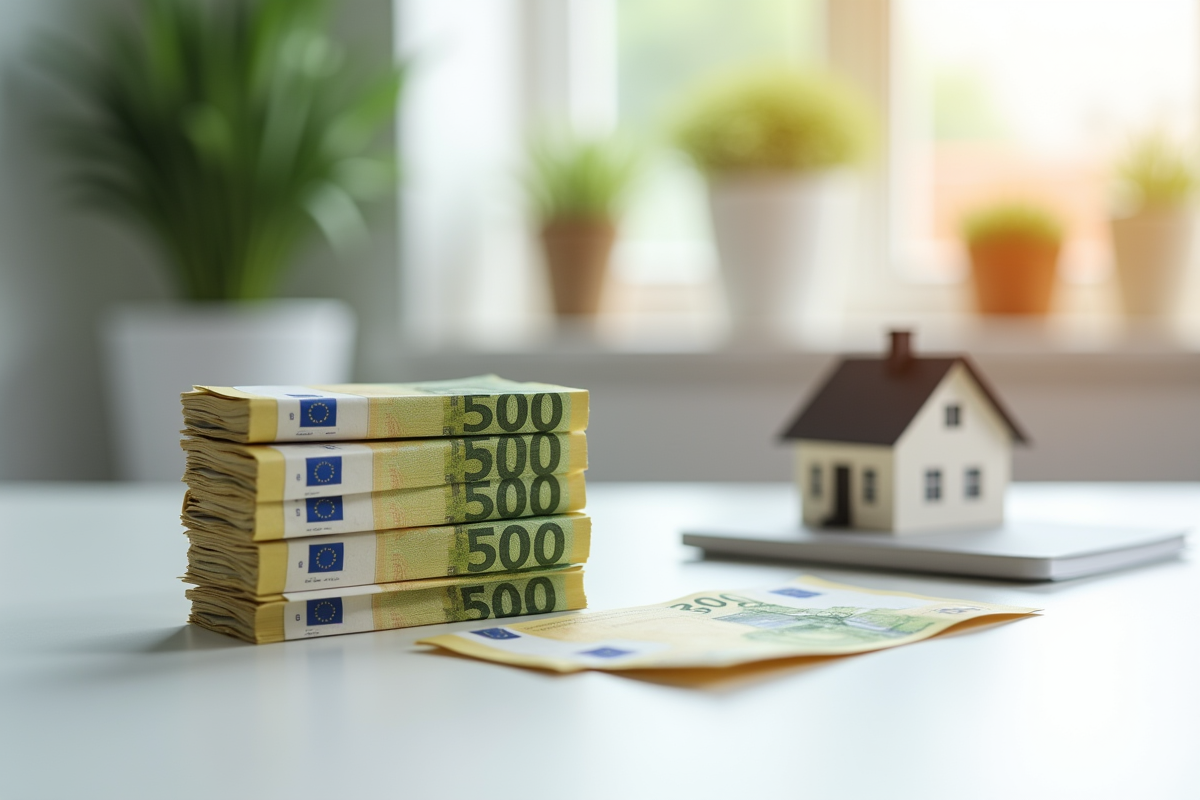 Fiche de billets de 500 euros et modèle de maison sur un bureau blanc