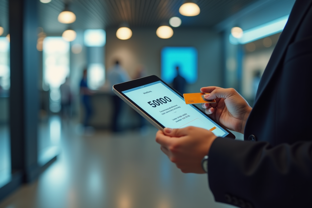 Intérieur moderne d'une banque avec une personne vérifiant une transaction en ligne