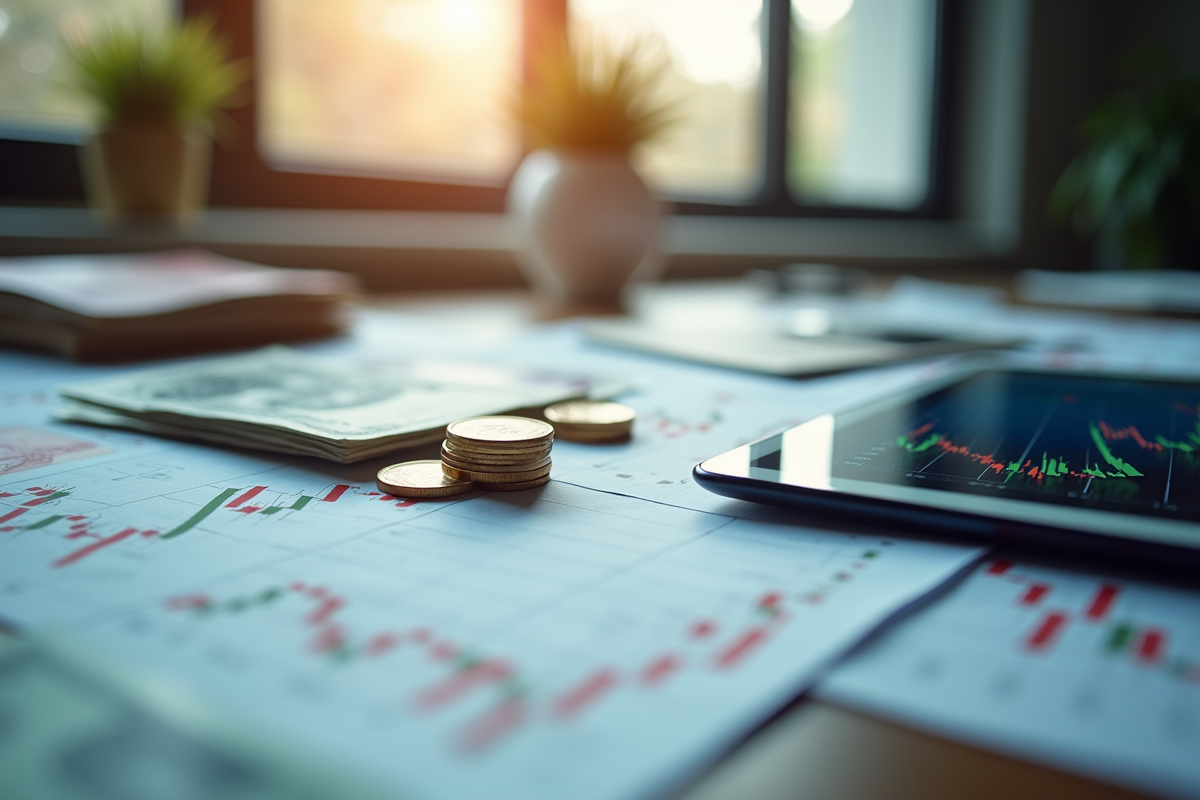 Bureau moderne avec graphiques financiers et crypto