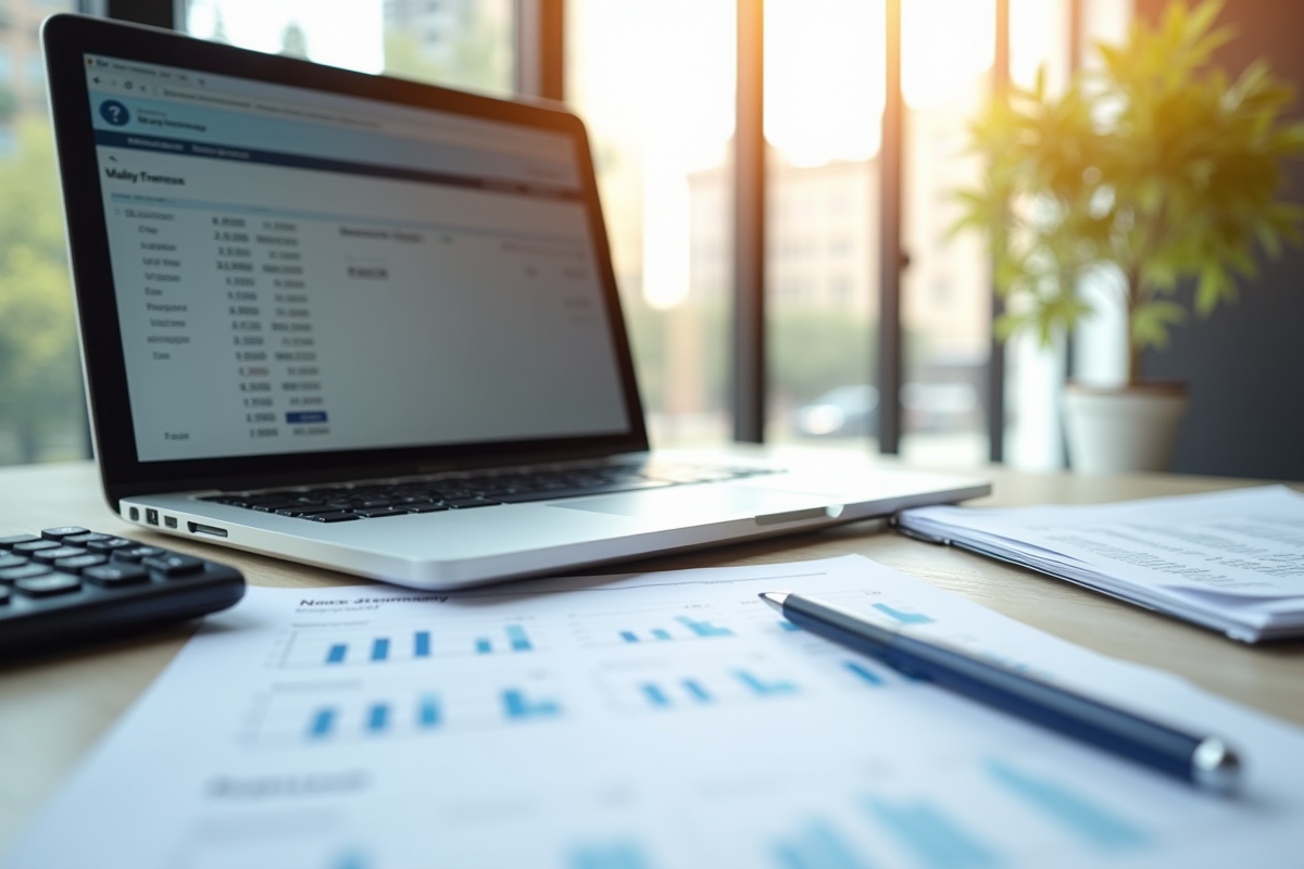 Bureau moderne avec documents financiers et calculatrice