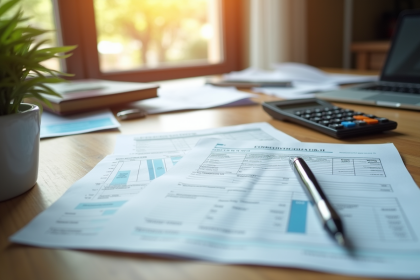 Bureau organisé avec documents financiers et calculatrice