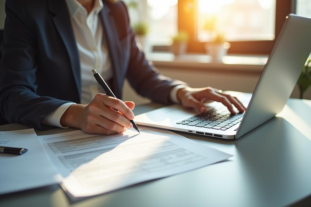 Personne travaillant à un bureau moderne à domicile avec documents fiscaux