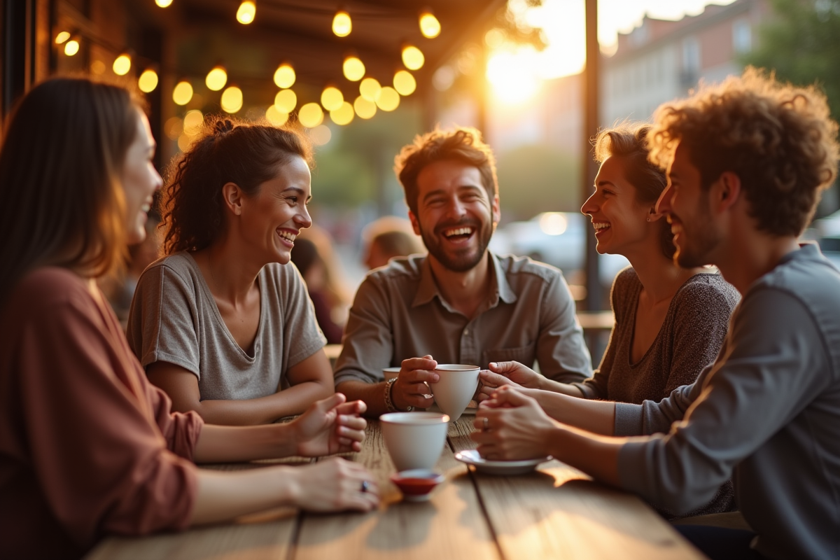 Scène de café en plein air avec des gens souriants