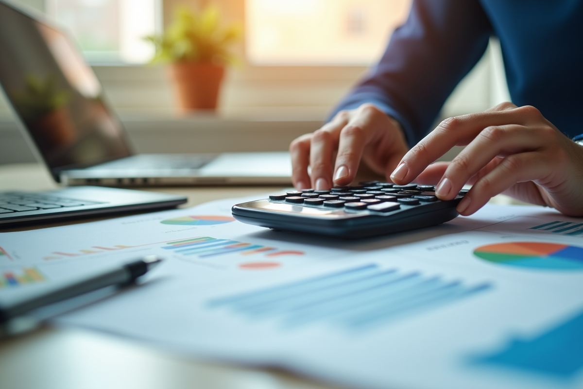 Main tenant une calculatrice avec graphiques et tableaux financiers