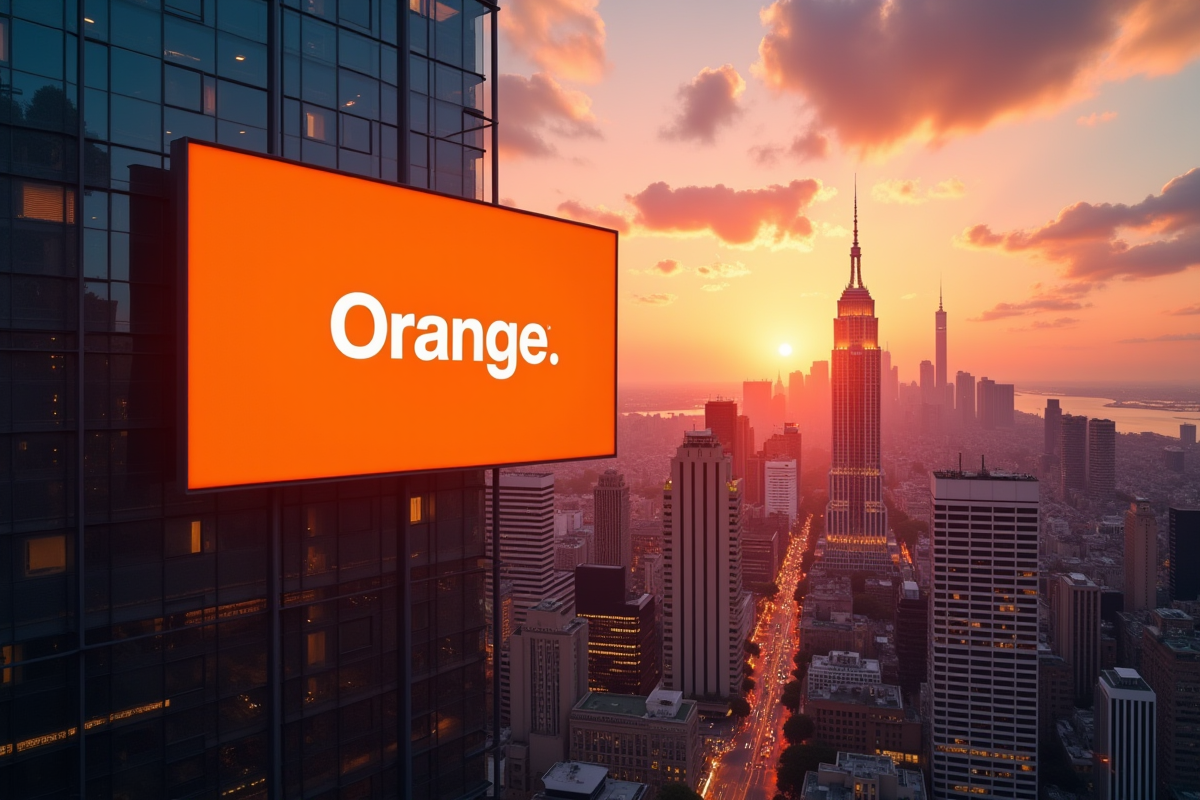 Silhouette de la ville au coucher du soleil avec logo Orange sur panneau digital