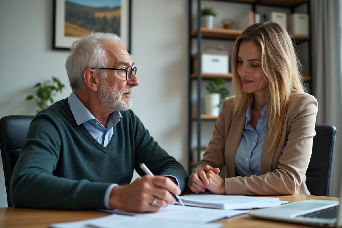 Homme âgé consulte conseiller financier dans un bureau organisé