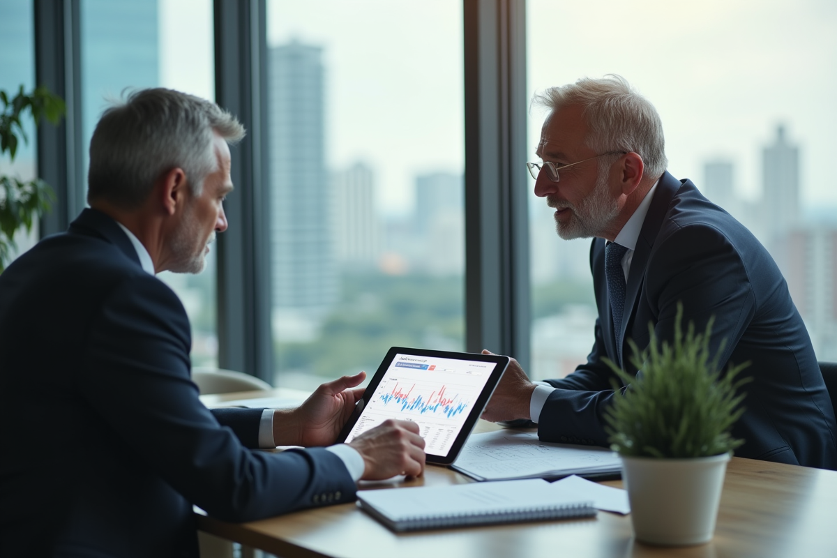 Conseiller financier parlant à un client avec une tablette en bureau lumineux