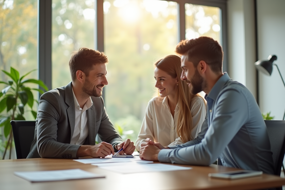Conseiller financier avec un jeune couple en réunion