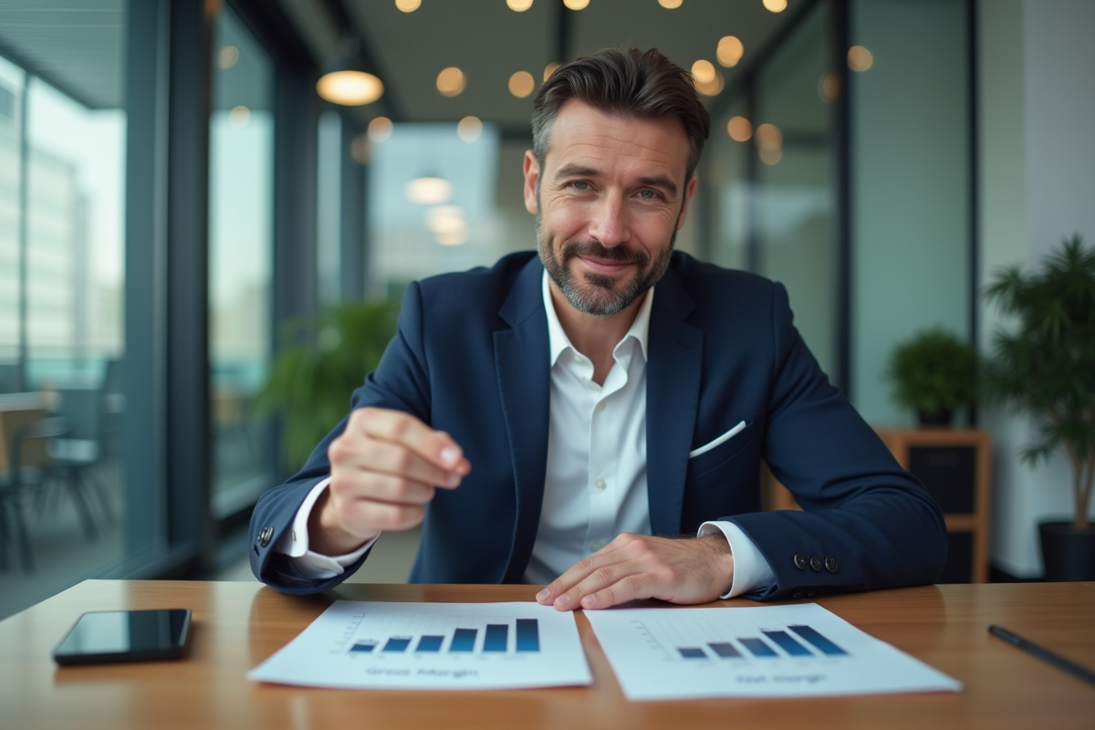 Consultant en bureau pointant des graphiques de marge