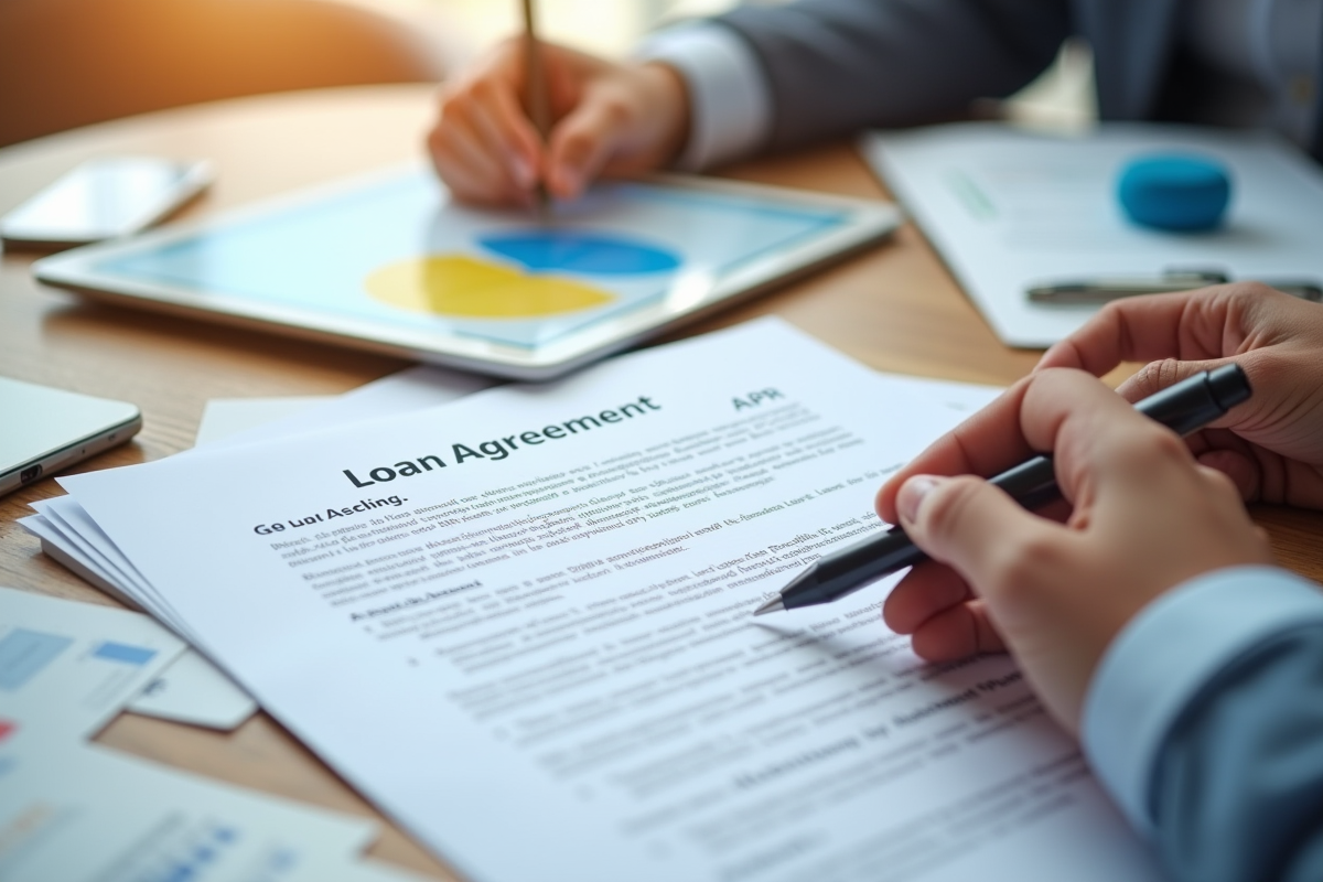 Main tenant un contrat de prêt avec graphique en fond