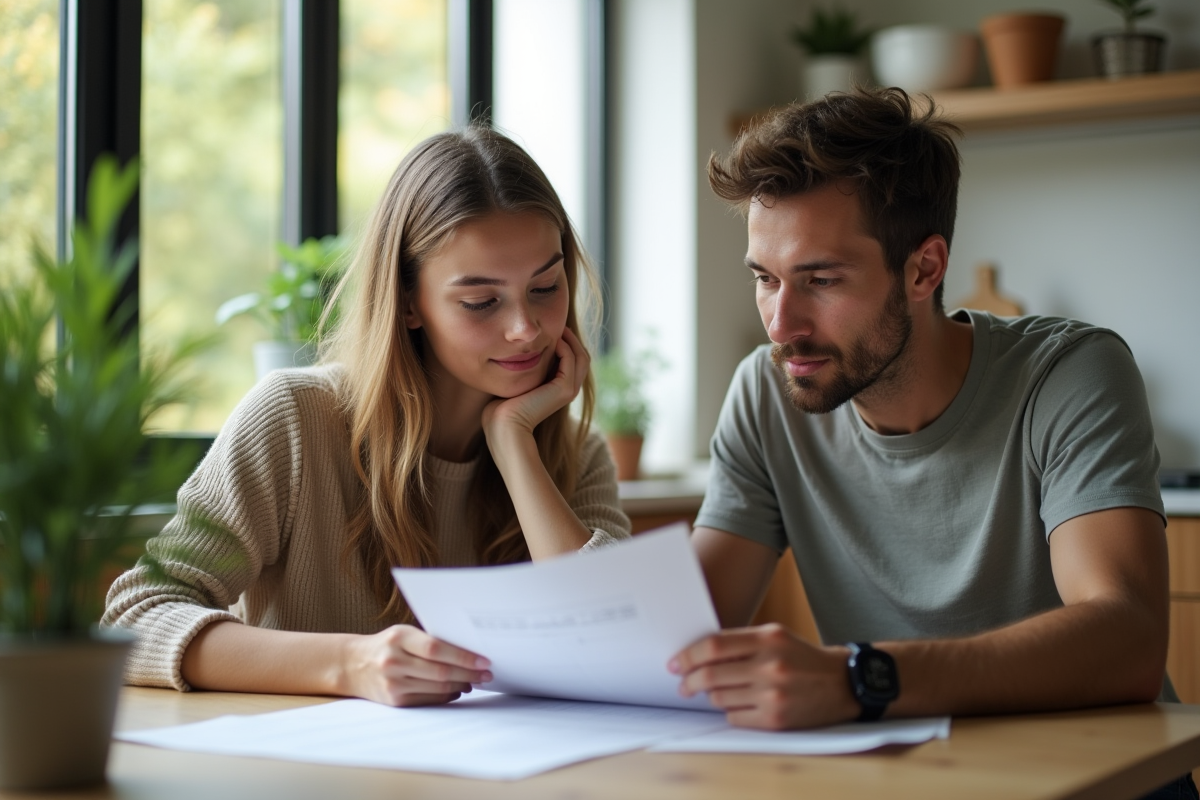 Jeune couple discutant de documents immobiliers dans une cuisine lumineuse