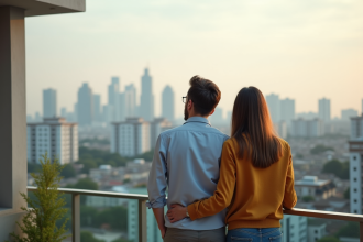 Couple regardant la ville depuis un balcon moderne