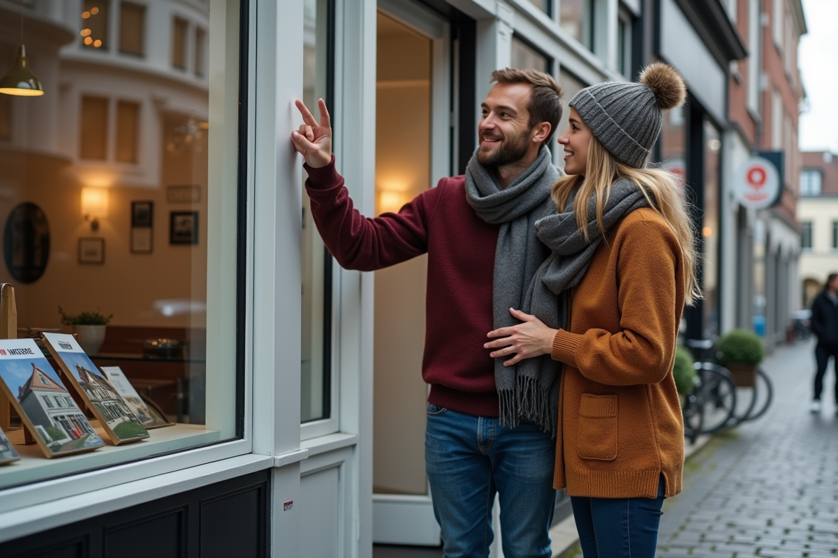 Jeune couple belge devant une agence immobiliere