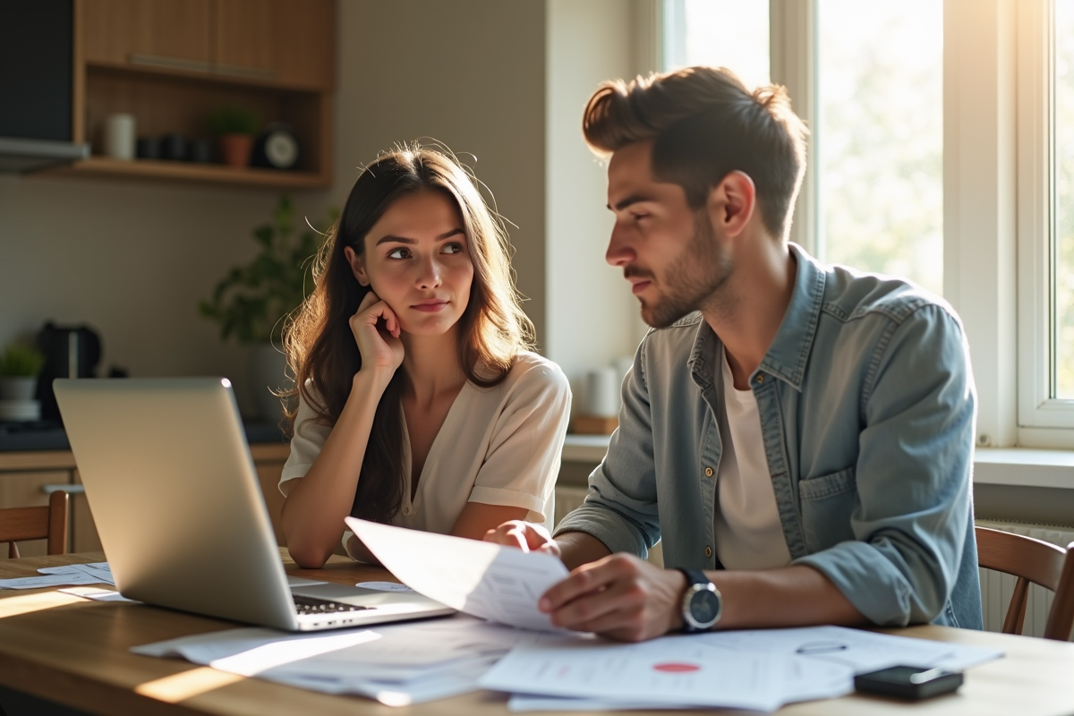 Jeune couple réfléchissant à leur budget familial à la maison