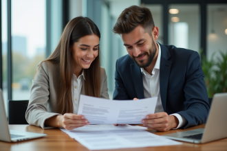 Jeune couple en réunion immobiliere dans une banque moderne
