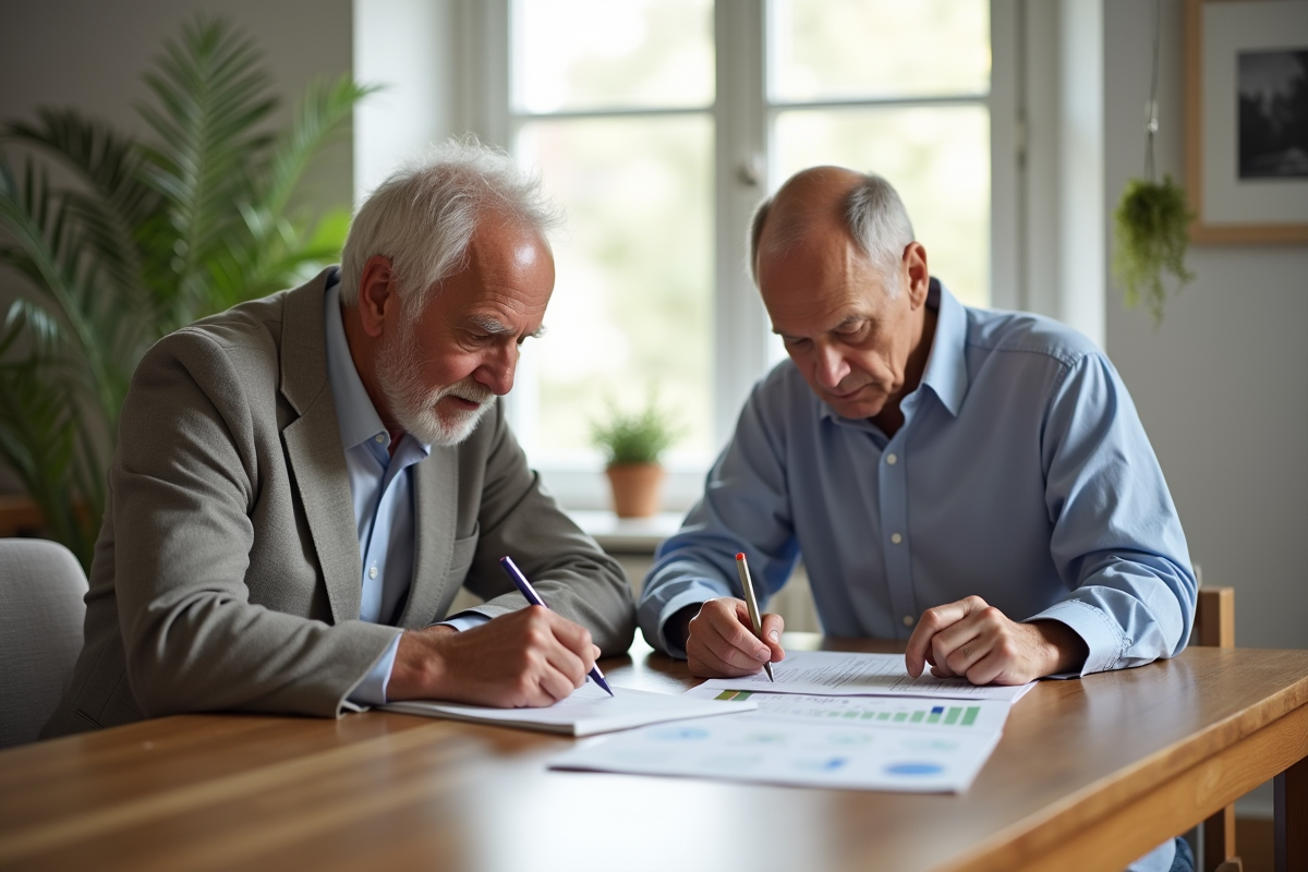Couple agee revoyant des documents financiers ensemble