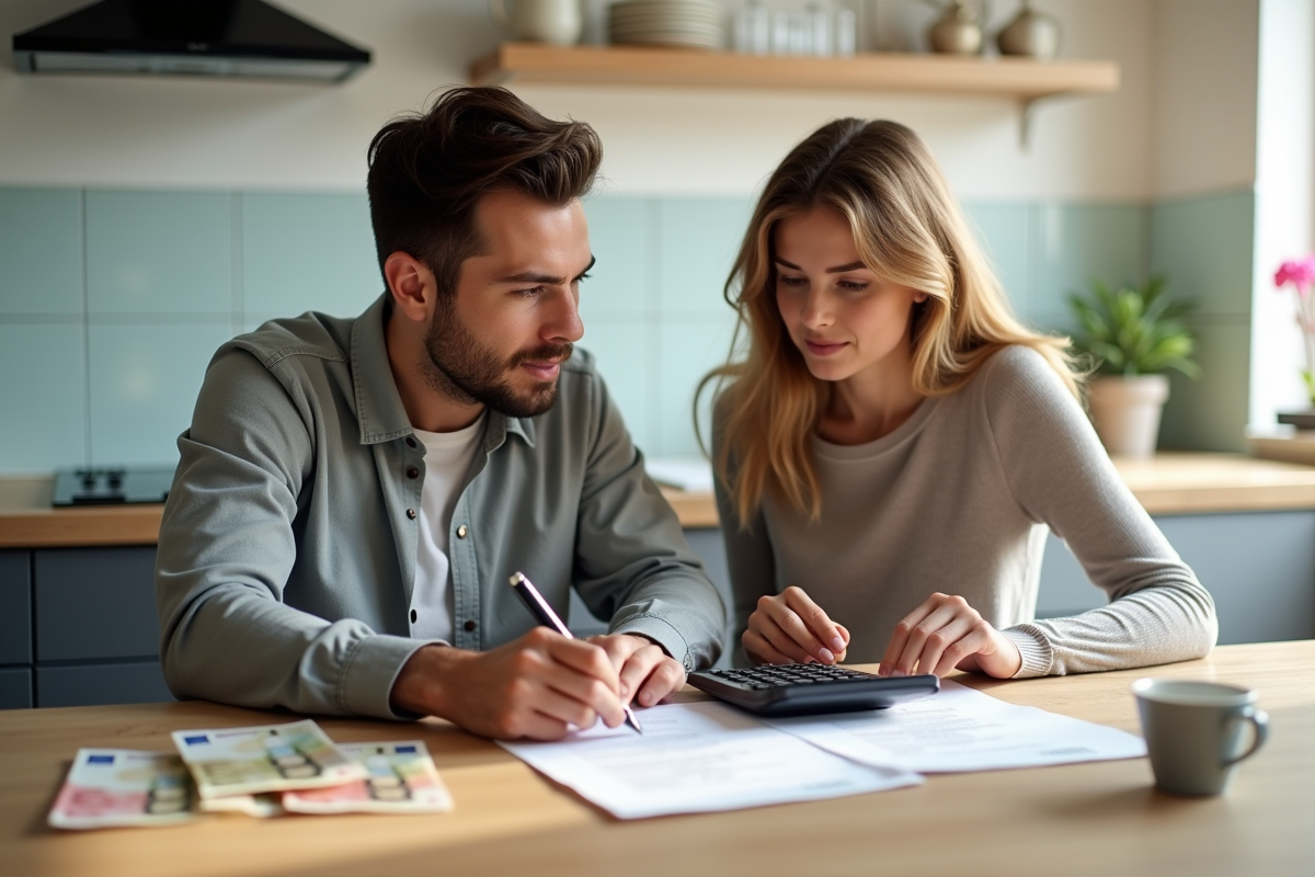 Jeune couple analysant des documents financiers à la maison