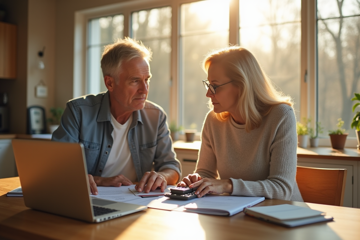 Couple d'âge moyen discutant finances au matin