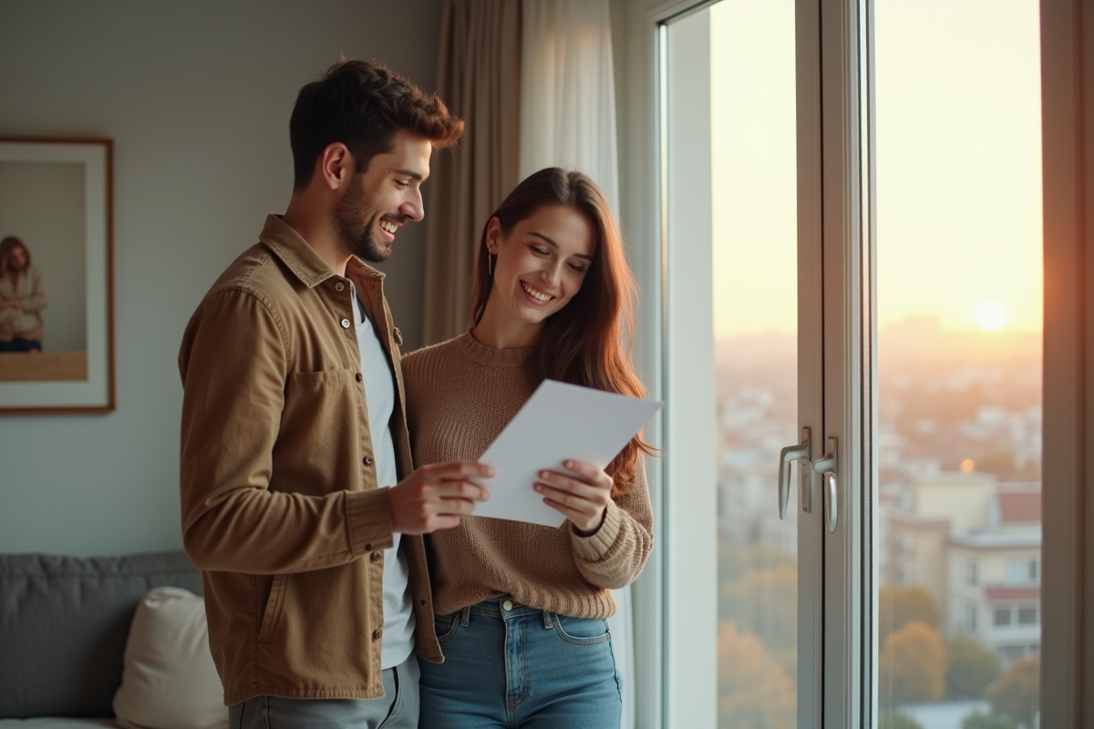 Couple heureux vérifiant leur prêt immobilier dans leur appartement