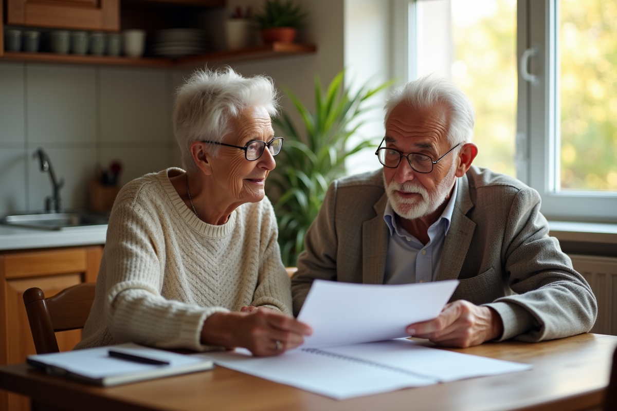 Couple âgé lisant des documents de retraite à la cuisine