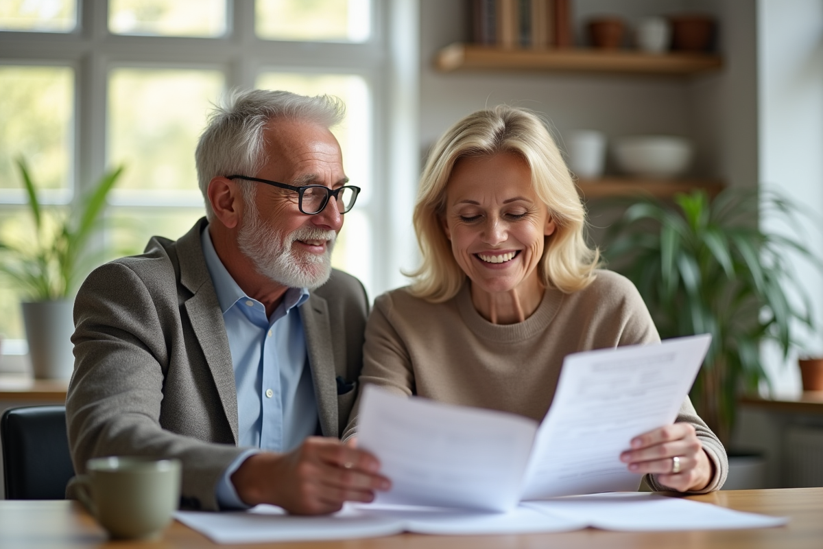 Couple retraités souriants lisant des papiers de pension