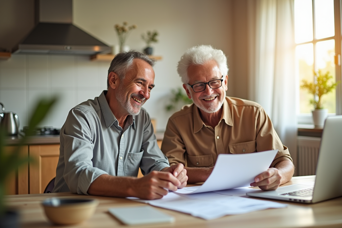 Couple de retraités heureux revoyant leurs finances à la maison