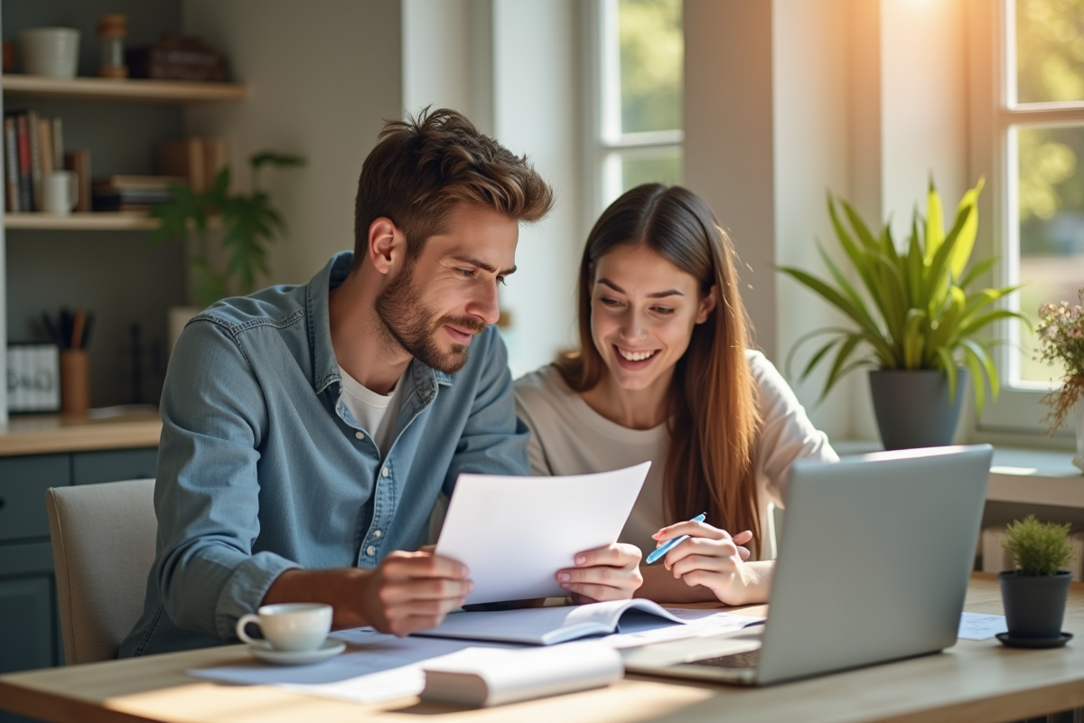 Jeune couple examine ses papiers financiers à la maison