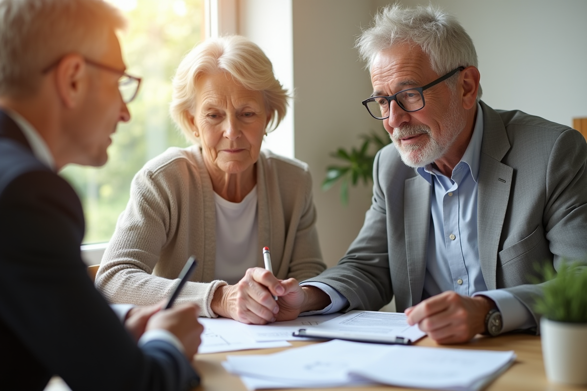 Couple senior rencontrant un conseiller financier à un bureau lumineux