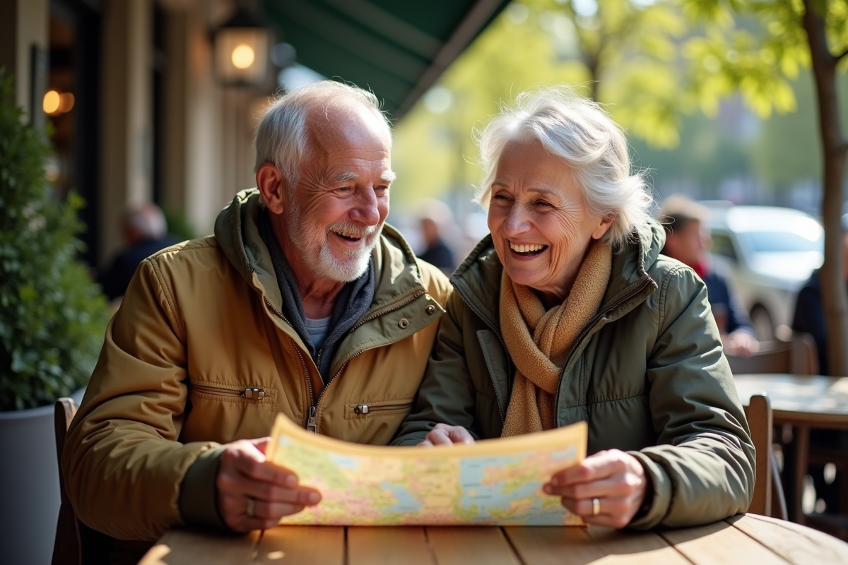 Couple âgé riant en consultant une carte en terrasse