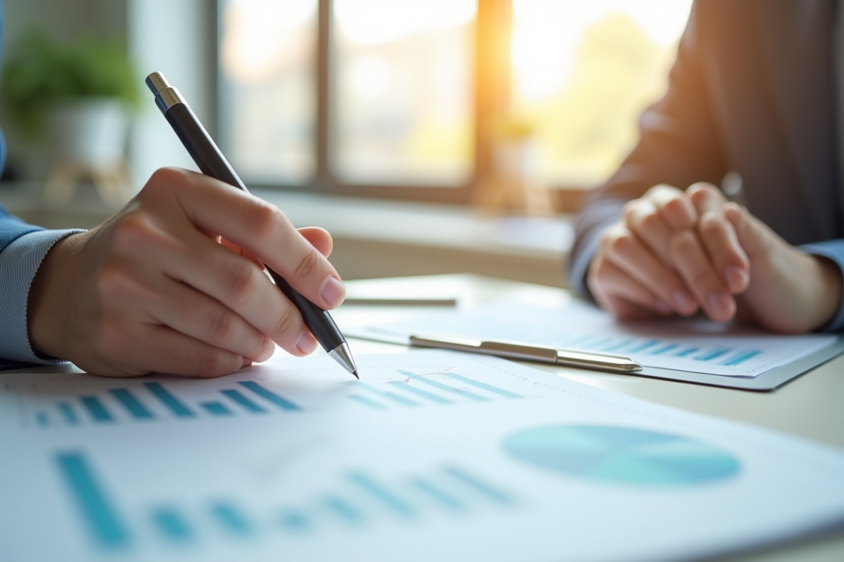 Mains tenant des documents financiers avec graphiques et stylo