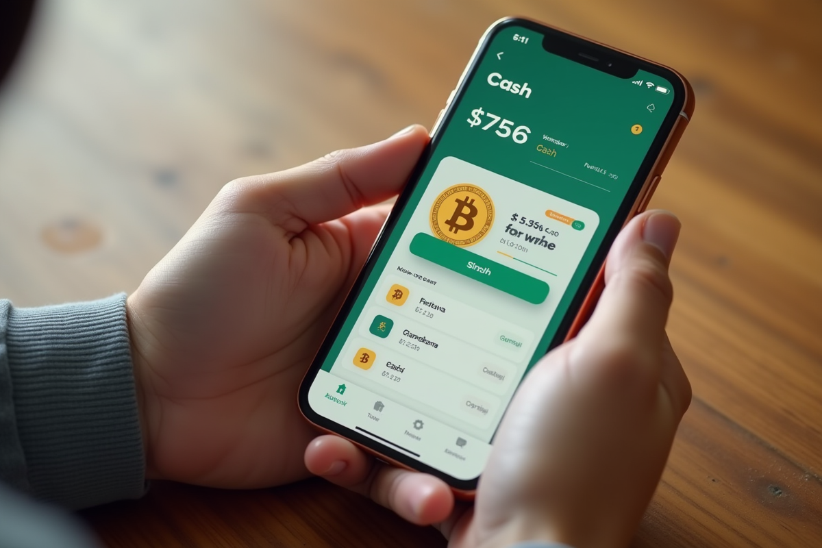 Main tenant un smartphone avec interface Cash App et échange Bitcoin en argent