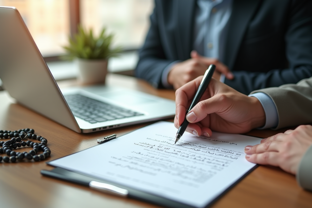 Main échangeant un contrat avec script arabe sur un bureau