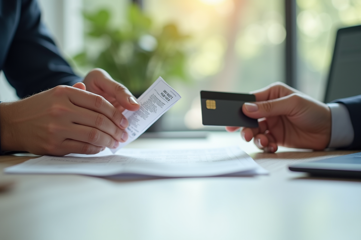 Echange de carte bancaire dans une agence bancaire lumineuse