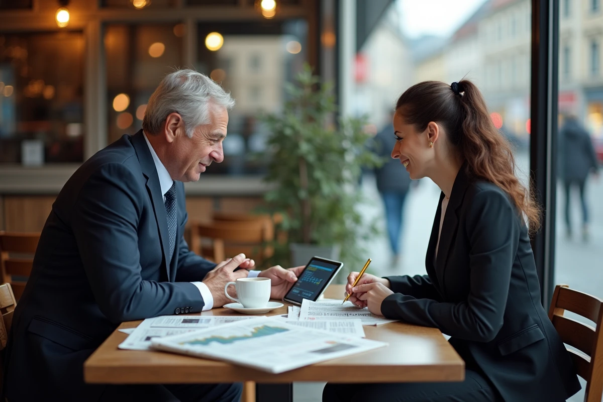 Deux économistes discutant des facteurs influençant le taux CMS 10 ans autour d'un café à Francfort