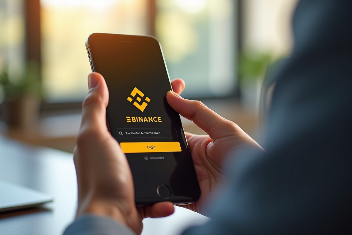 Mains tenant un smartphone avec écran Binance et authentification