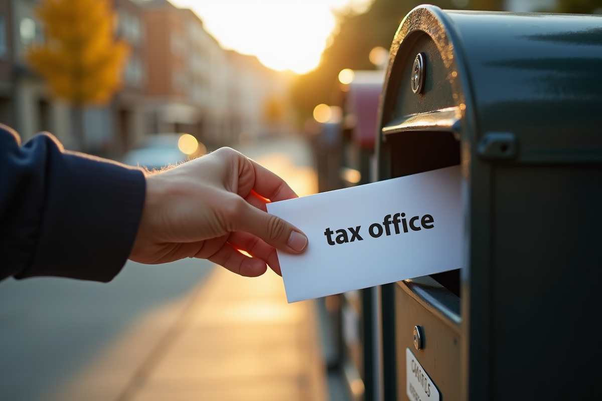 Main déposant une enveloppe fiscale dans une boîte aux lettres urbaine
