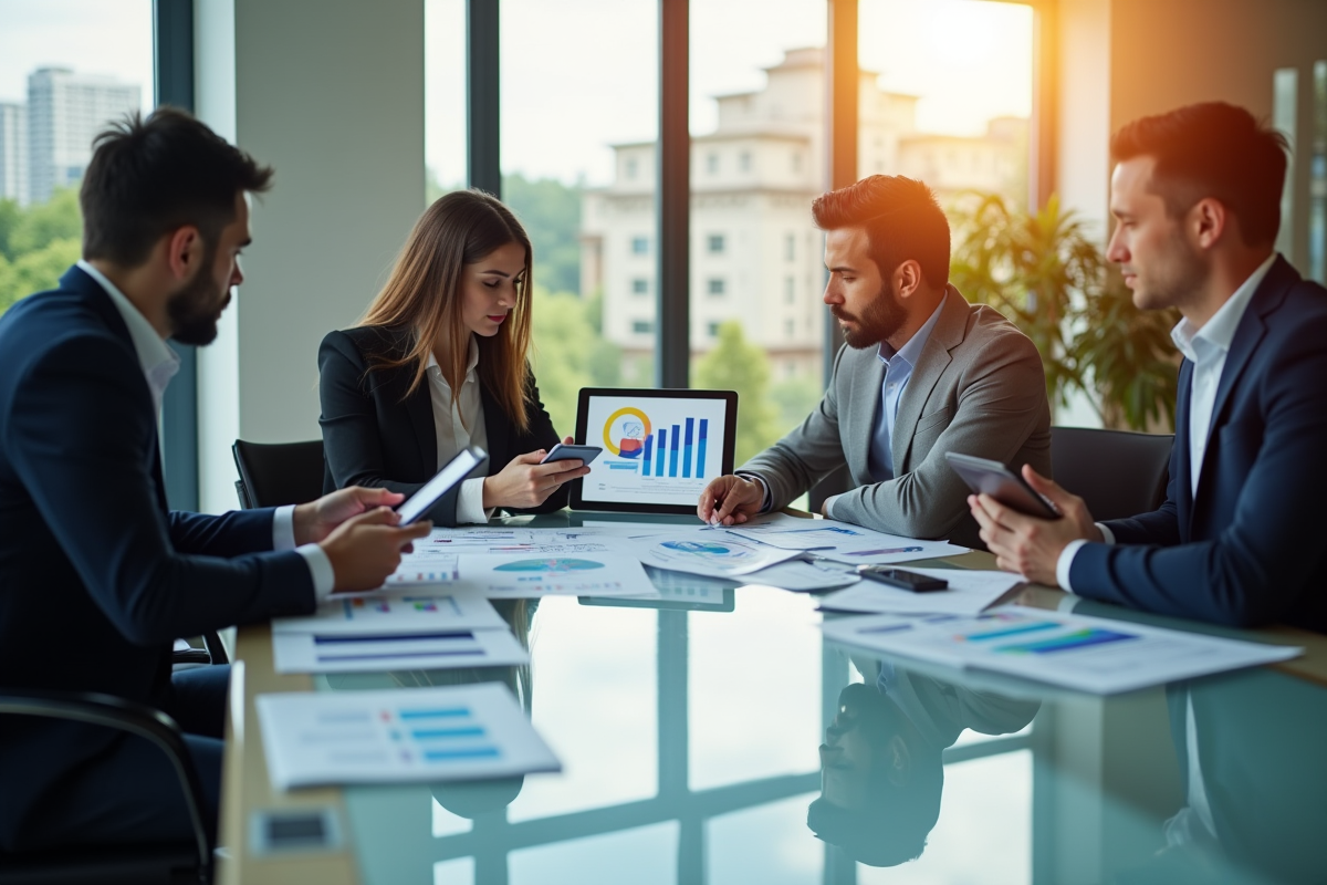Groupe d'affaires analysant des graphiques sur tablettes modernes
