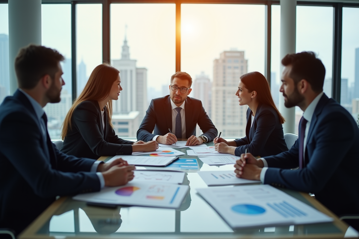 Groupe de professionnels discutant de finances en réunion