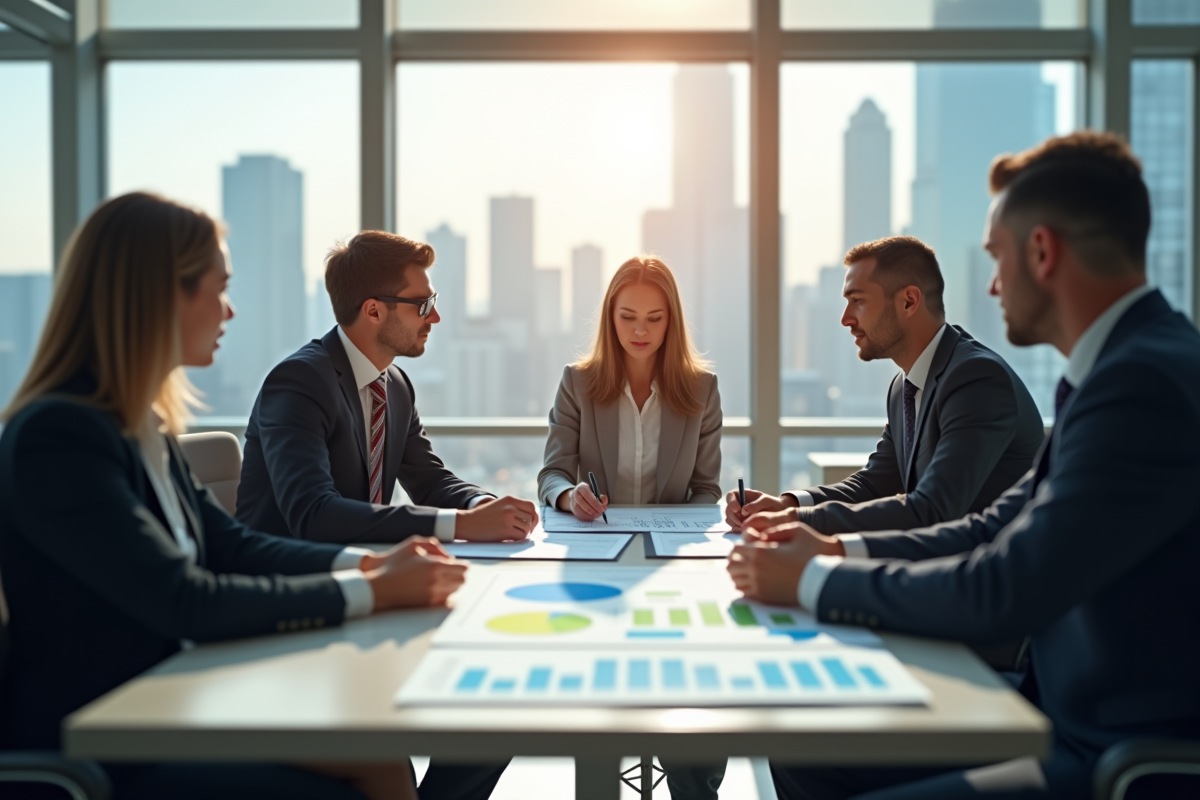 Professionnels en réunion analysant des documents financiers