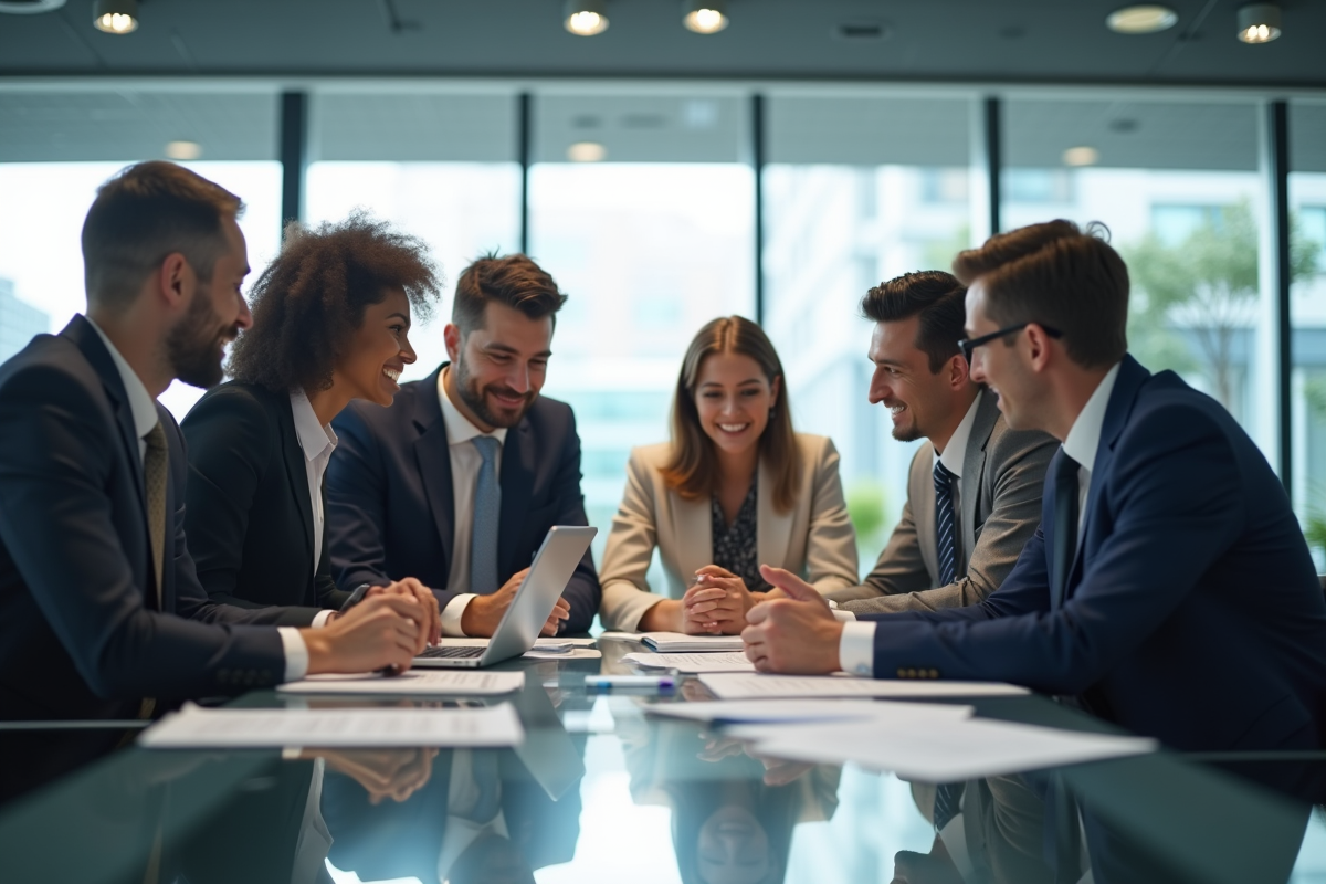 Equipe de professionnels financiers en réunion dans un bureau moderne