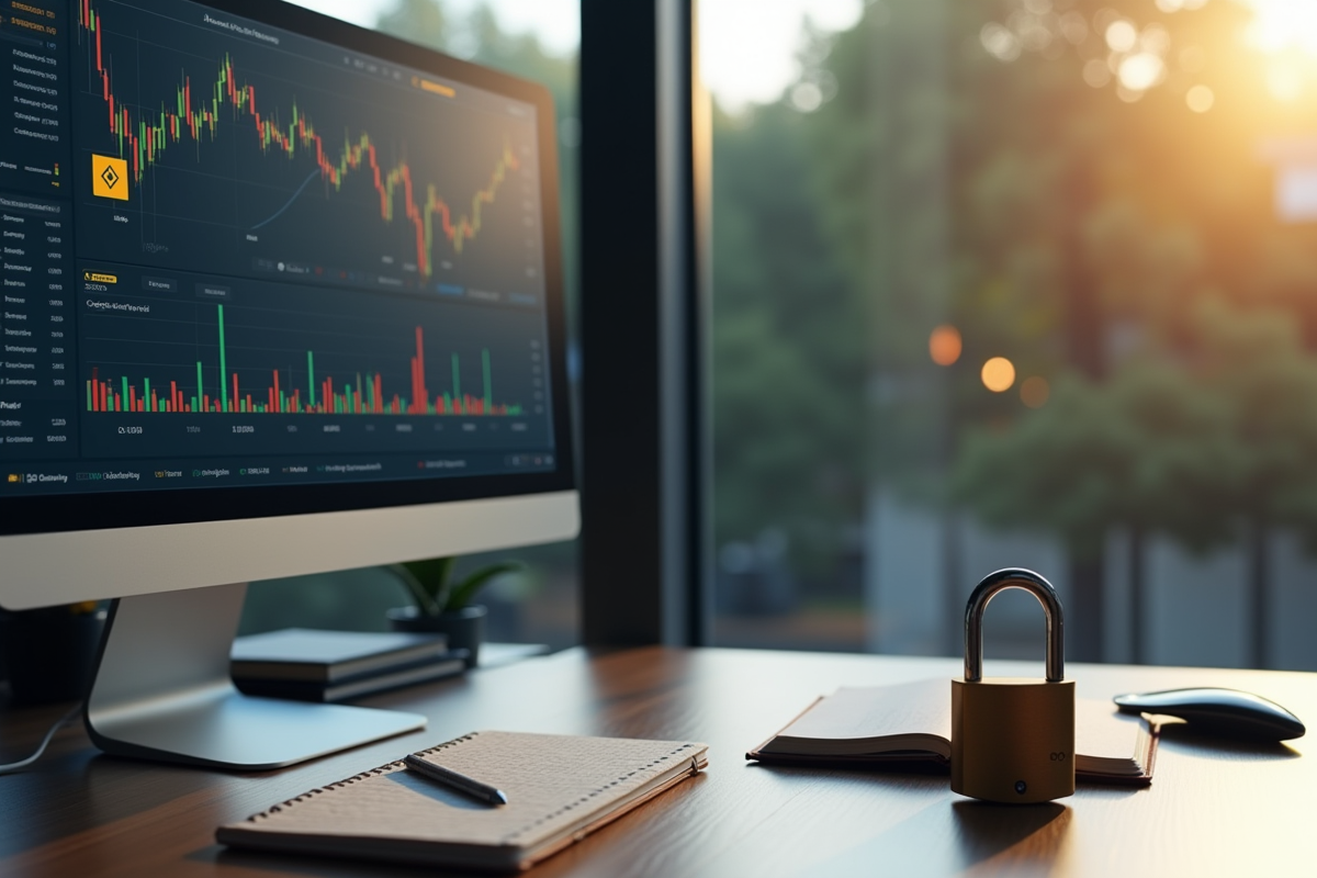 Bureau moderne avec ordinateur et cadenas pour securite crypto