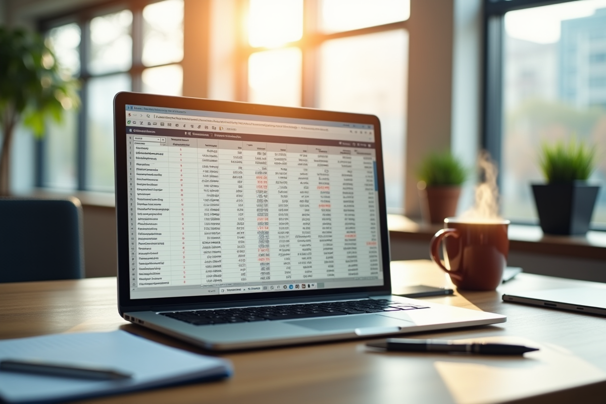 Espace de travail moderne avec un tableau financier sur un ordinateur