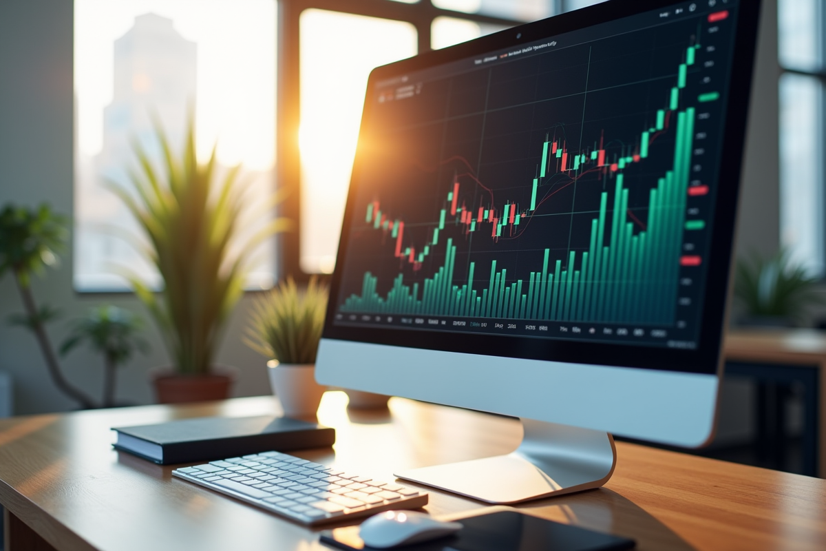 Espace de travail professionnel avec graphiques financiers