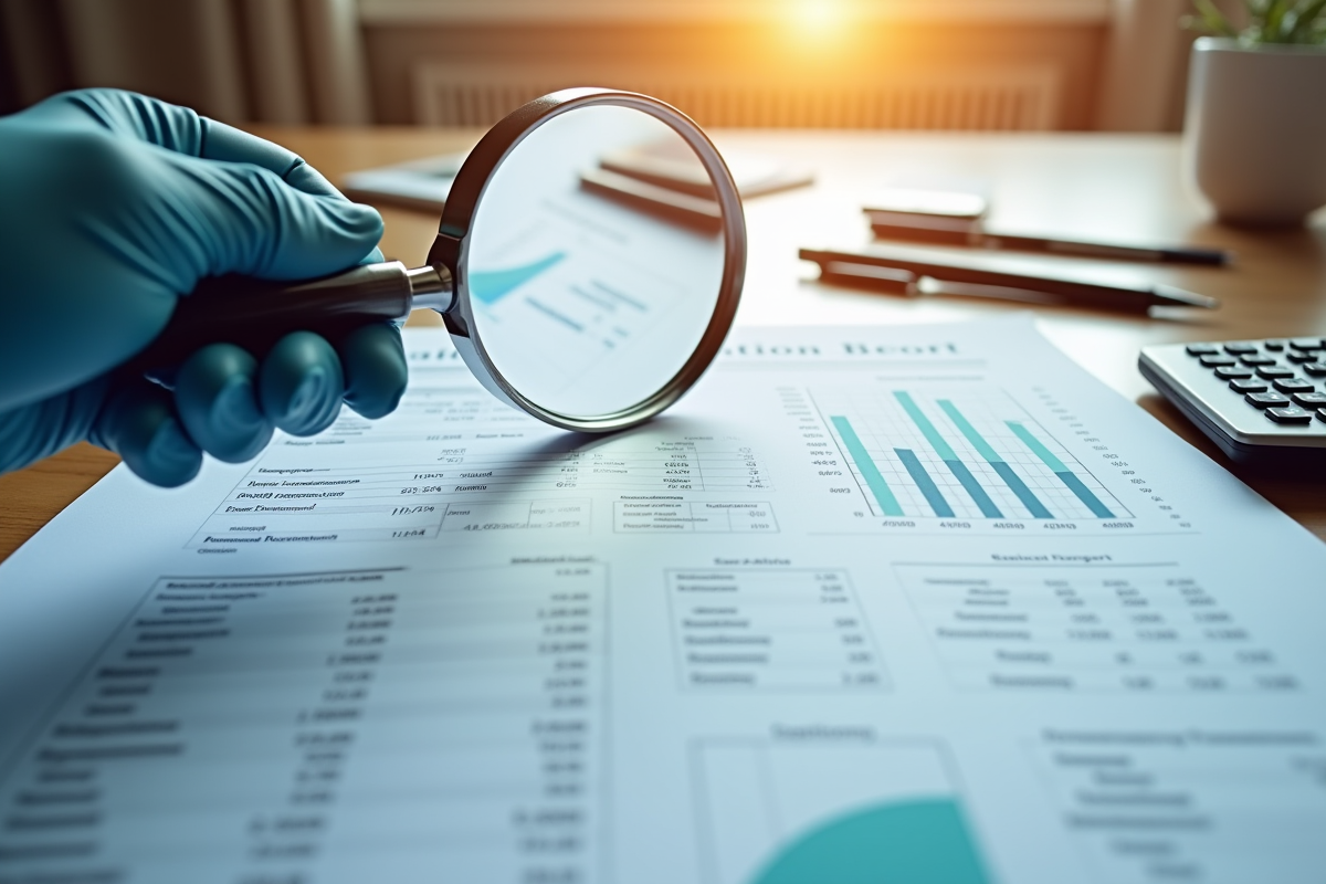 Main tenant une loupe sur un bilan financier détaillé
